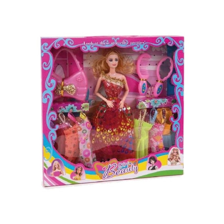 FASEBA Boneca com 7 vestidos, bolsa e espelho. 16357